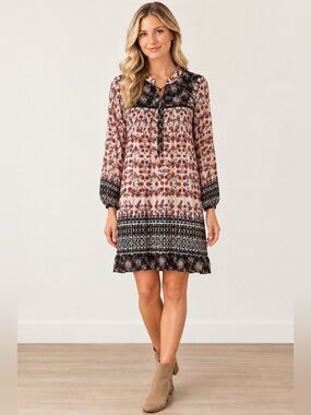 Hazel Boho Floral Tunic Dress - Black and Rust Size Medium